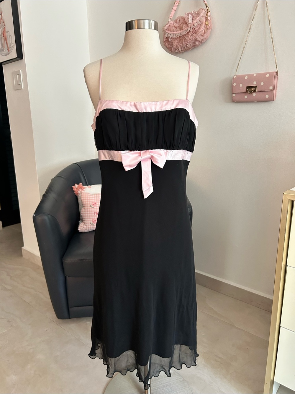 Y2K Vintage Black Slip Midi Dress with Pale Pink Trim and Bow
